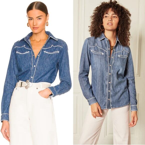 NWT BOYISH SHIRT BLUE DENIM WHITE EMBROIDERED WESTERN PEARL SNAP COWGIRL COWBOY - Picture 1 of 16